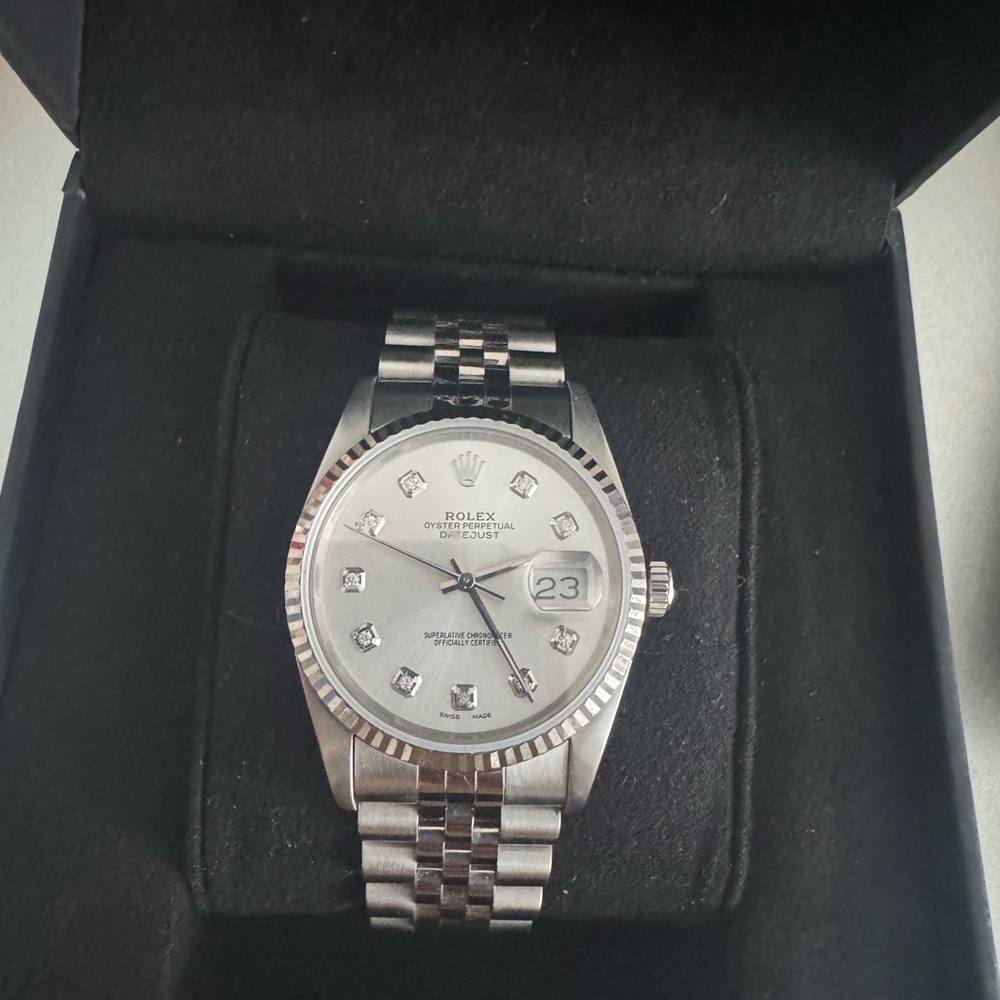Rolex Silver Watch 36mm Datejust Fluted Bezel Diamond Dial Stainless Steel